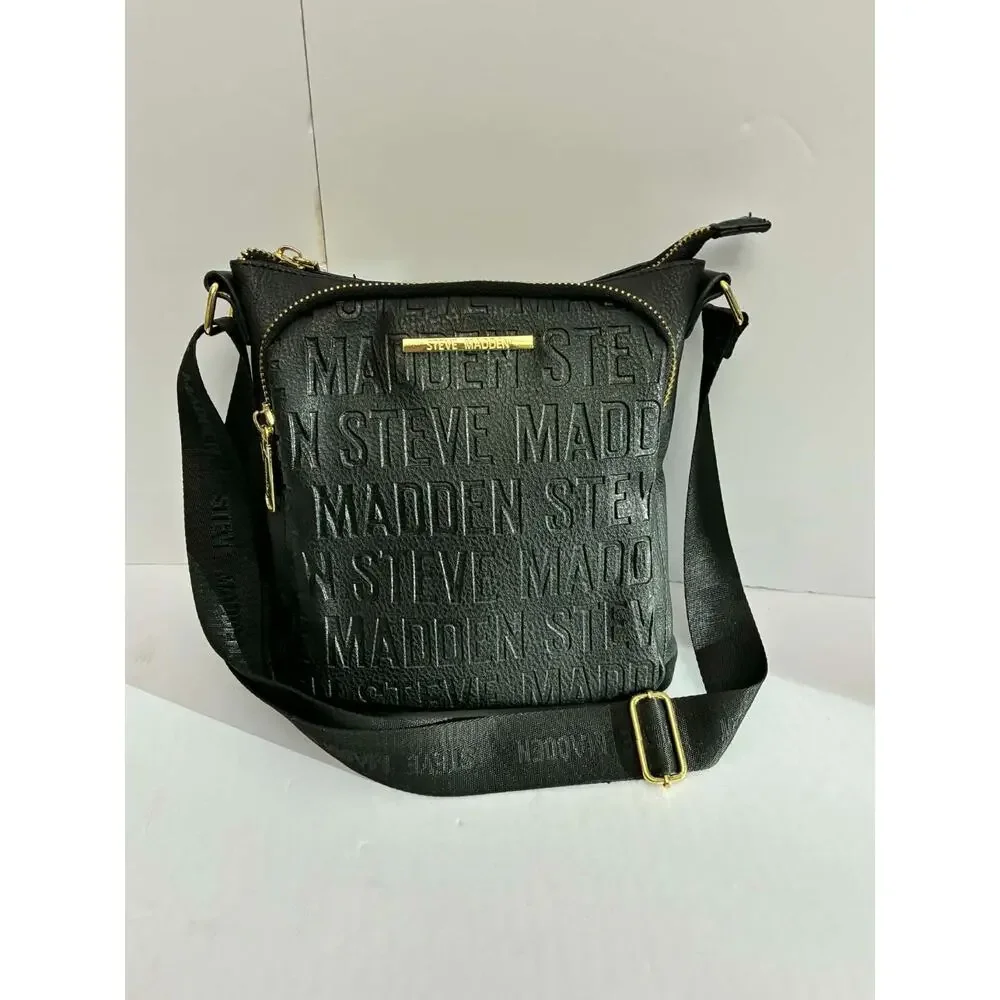 Steve Madden Black Embossed Logo Crossbody‎ Bag Adjustable Strap Zip Purse